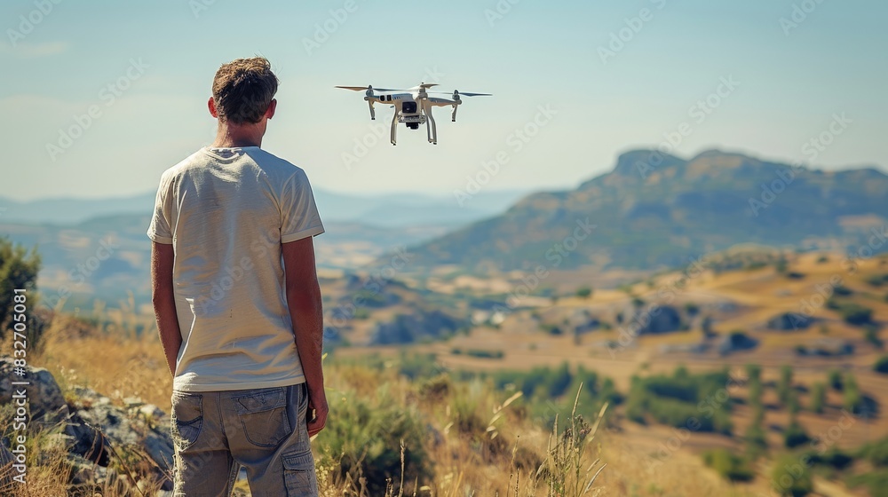 Man Controlling Drone in Scenic Countryside