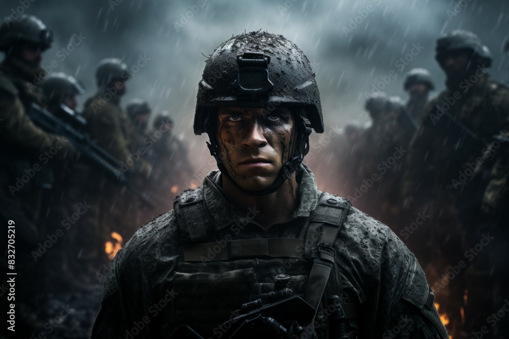 A resilient and battle-hardened soldier, leading troops with strategic brilliance on the battlefield. - Generative AI A resilient and battle-hardened soldier, leading troops with strategic brilliance on the battlefield. - Generative AI