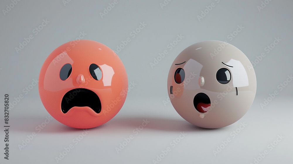 A photorealistic 3D of a pastel red yawn emoji next to a obsidian intrigued emoji, both on a solid light grey background, contrasting boredom and curiosity. A photorealistic 3D of a pastel red yawn emoji next to a obsidian intrigued emoji, both on a solid light grey background, contrasting boredom and curiosity.