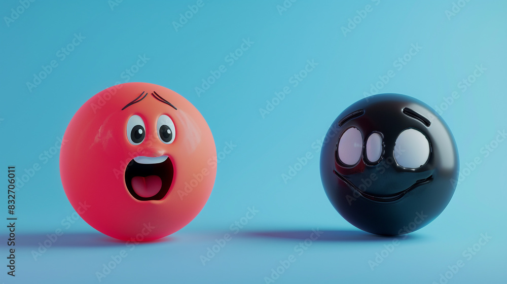 A photorealistic 3D of a pastel red surprised emoji next to a matte black winking emoji, both on a solid azure background, highlighting emotional contrasts. A photorealistic 3D of a pastel red surprised emoji next to a matte black winking emoji, both on a solid azure background, highlighting emotional contrasts.