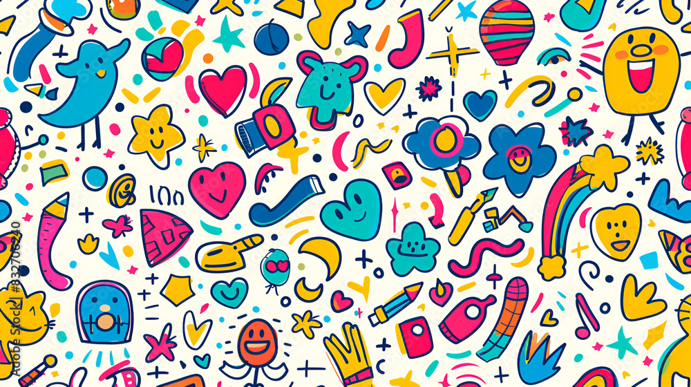 Children art background with colorful line doodle style seamless pattern and vector illustration design. Children art background with colorful line doodle style seamless pattern and vector illustration design.