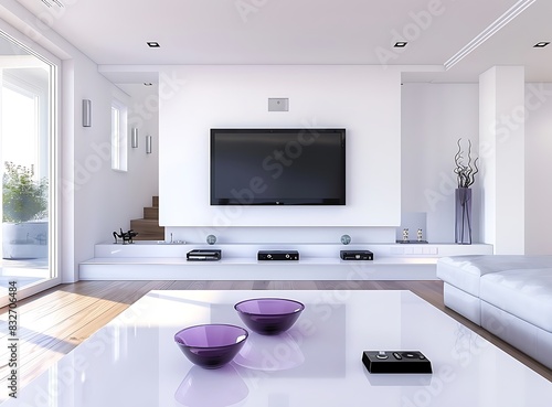 Modern white living room interior with a TV and home entertainment system on the wall