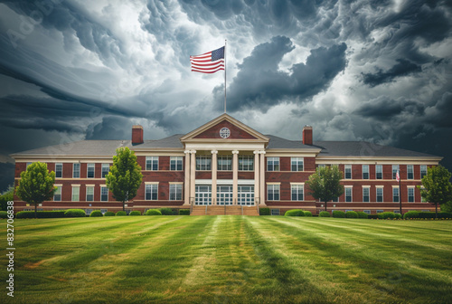 welcome back reunion banner fluttering over a two-storey american high school with grass out front and a storm brewing  photo