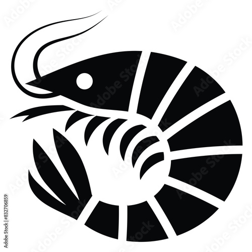 Shrimp vector icon. Sea food logo, sign, symbol. Sea Caridea animal. Prawn black silhouette. Crustacean with curly feelers.