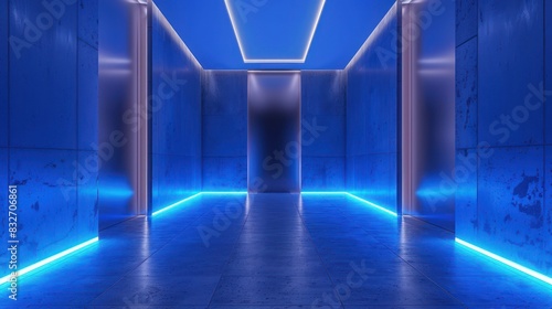 Modern futuristic hallway with blue neon lighting and sleek reflective surfaces creating a high-tech and minimalist atmosphere.