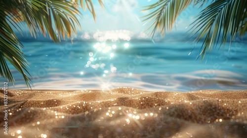 Serene tropical beach scene with sparkling water  golden sand  and palm leaves framing the vibrant blue ocean under a radiant sun.