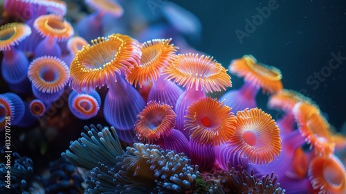Stunning close-up of vibrant coral polyps glowing under water. Perfect for marine, ocean, and nature themes. © BoOm