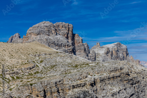 Dolomites beautiful mountain landscape on a sunny day. Hiking in the Alps in Italy, South Tirol mountain range of Alpi Dolomiti di Sesto near Cortina di Amprezzo and Tre Cime di Lavaredo alpine scene photo