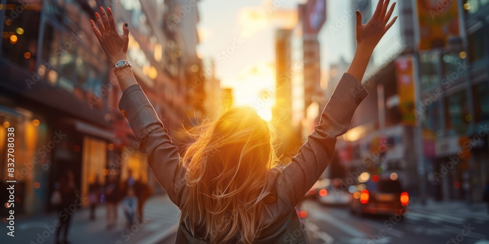 A joyful woman with arms raised in celebration stands on a busy city street at sunset, embracing the vibrant urban life and energy around her. A joyful woman with arms raised in celebration stands on a busy city street at sunset, embracing the vibrant urban life and energy around her.