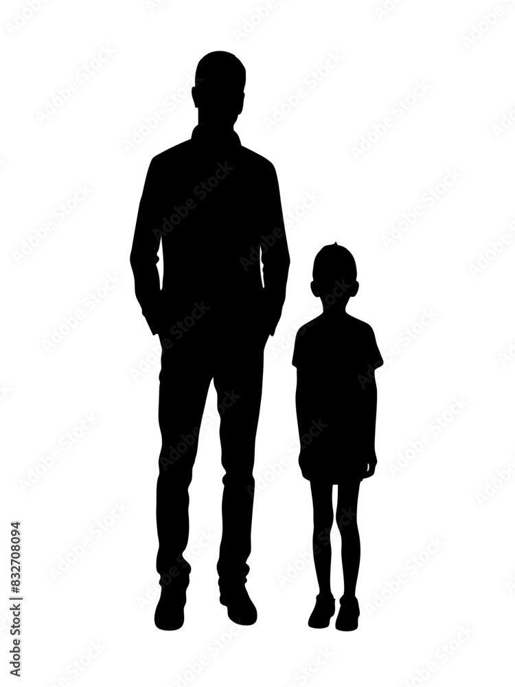 A silhouette of a man and a child standing next to each other in nature A silhouette of a man and a child standing next to each other in nature