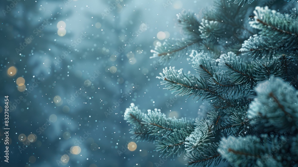 Beautiful winter scene of snow-covered pine trees with soft glowing lights in a serene forest setting Beautiful winter scene of snow-covered pine trees with soft glowing lights in a serene forest setting