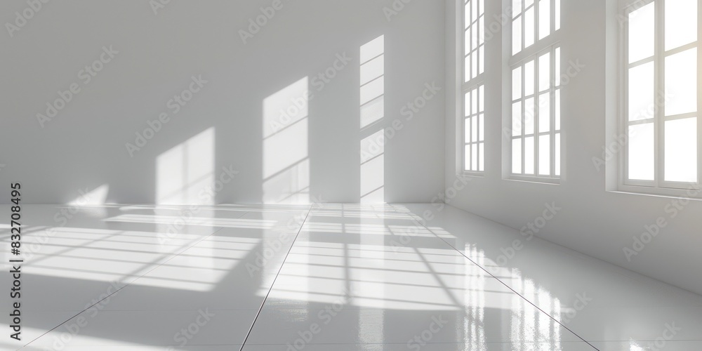 Obraz premium Bright, empty, white room with large windows casting natural sunlight and shadows on the glossy floor. Minimalist architectural interior design.