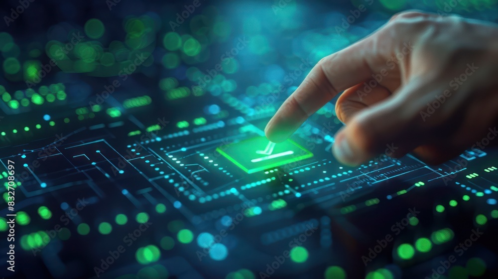 Close-up of a hand interacting with futuristic technology interface, emphasizing innovation and digital transformation in a tech-savvy world. Close-up of a hand interacting with futuristic technology interface, emphasizing innovation and digital transformation in a tech-savvy world.