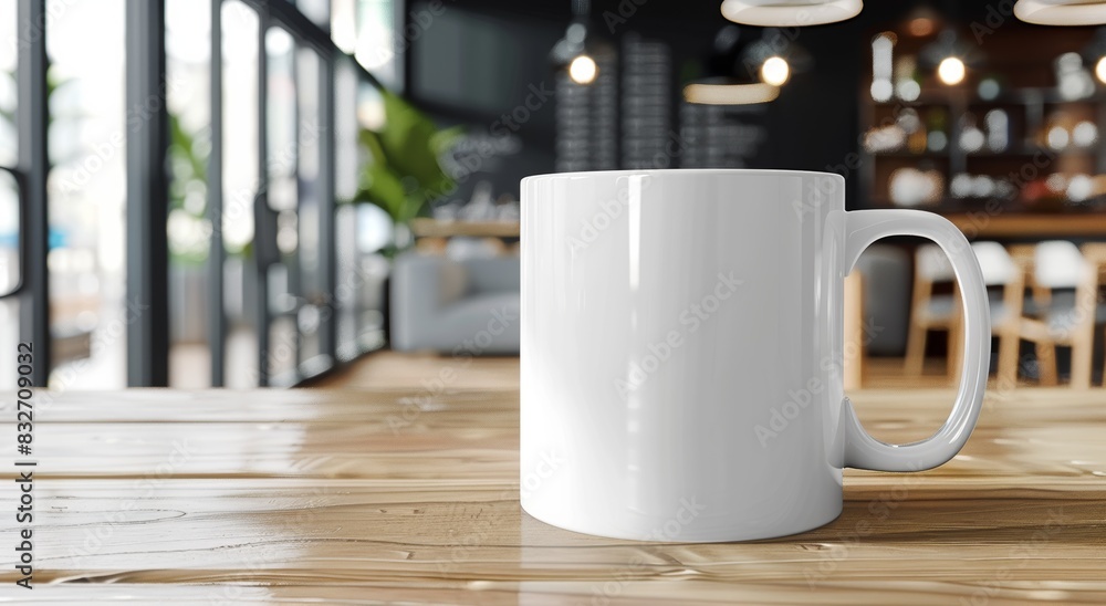 Coffee mug on table in restaurant. Empty space for product template. Blank mock-up cup in cafe. Coffee mug on table in restaurant. Empty space for product template. Blank mock-up cup in cafe.