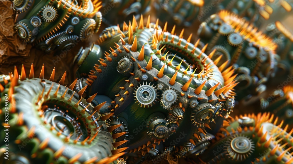 Obraz premium Close-up of abstract mechanical objects with intricate gears and spikes, creating a futuristic and industrial design concept.