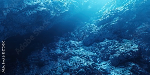 Deep underwater view of rocks and blue ocean  conveying mystery and serenity in the depths of the sea.