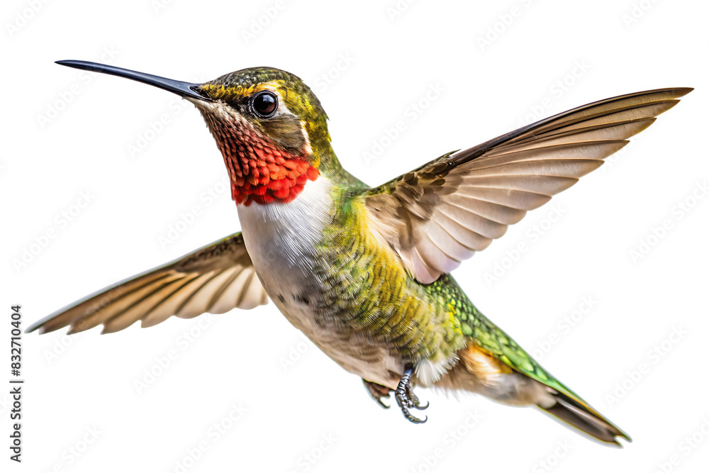 Fototapeta premium Flaying hummingbird Bird white background. AI GENERATED