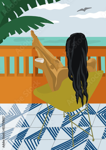 Cuadro en lienzo femme de dos farniente vue sur mer balcon palmier ciel nuage détente été vacance