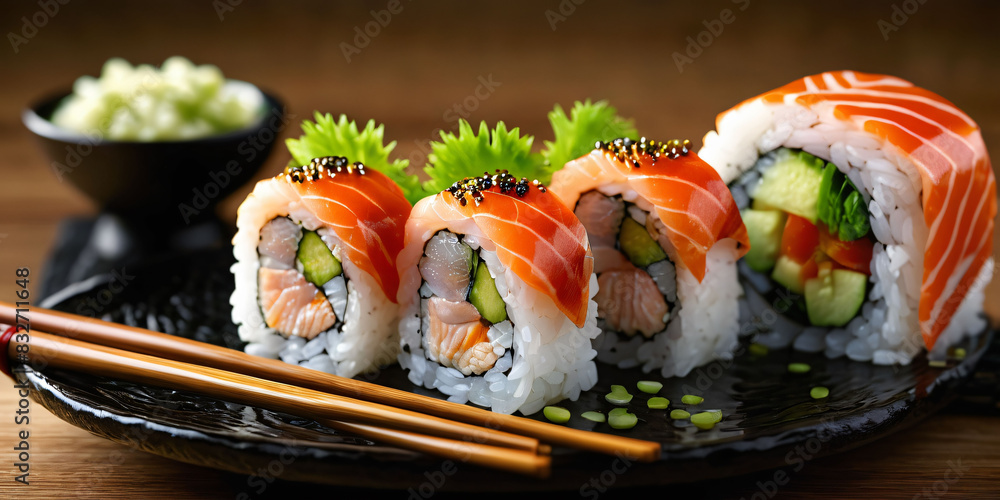 A sushi roll, with a cross-section showing the layers of fish, rice, and vegetables, on a plate with chopsticks and wasabi A sushi roll, with a cross-section showing the layers of fish, rice, and vegetables, on a plate with chopsticks and wasabi
