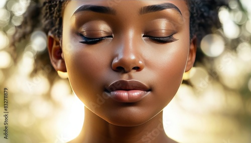 A close-up portrait of a young woman with closed eyes, showing her peaceful expression and flawless skin, captured in soft natural light, emphasizing tranquility.. AI Generation
