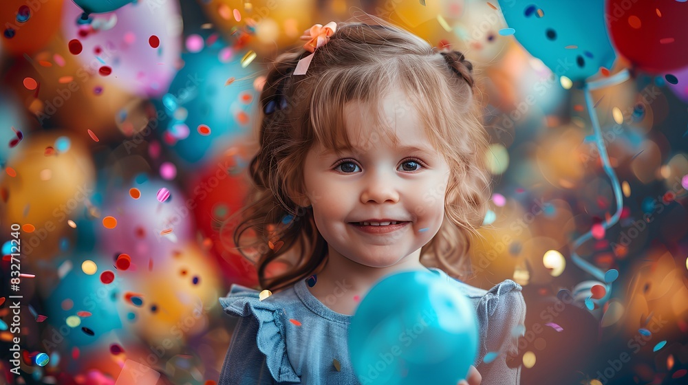 A cute little girl is smiling, holding blue balloons in her hand surrounded by colorful balloons and confetti. The background is blurred with bokeh lights, creating an atmosphere of joy for the child'