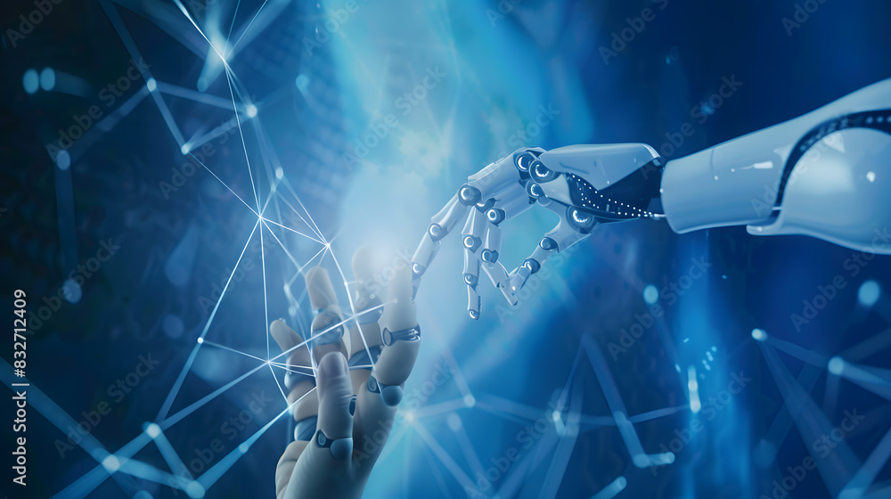 AI, Machine learning, Hands of robot and human touching on big data ...
