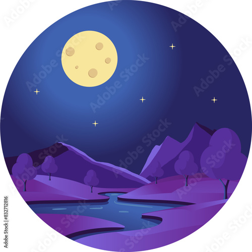 A rich, minimalist night landscape with a river and mountains.