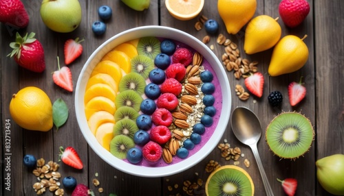 A colorful and healthy fruit salad bowl filled with sliced kiwis, strawberries, blueberries, and other fresh fruits, presented appealingly.. AI Generation photo