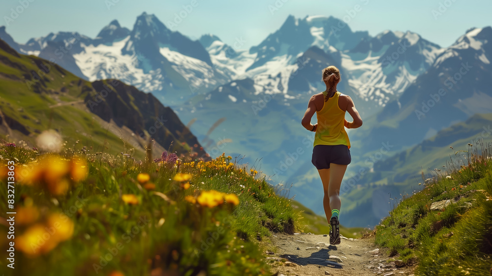 Naklejka premium Woman trail running in alpine meadows with mountain backdrop