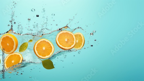 Fresh lemon and orange in water splash on blue background with copy space 