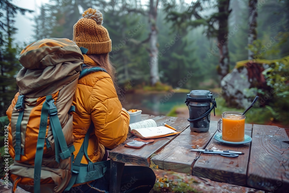 Woman hiker resting at a picnic table in the forest with a warm drink Woman hiker resting at a picnic table in the forest with a warm drink