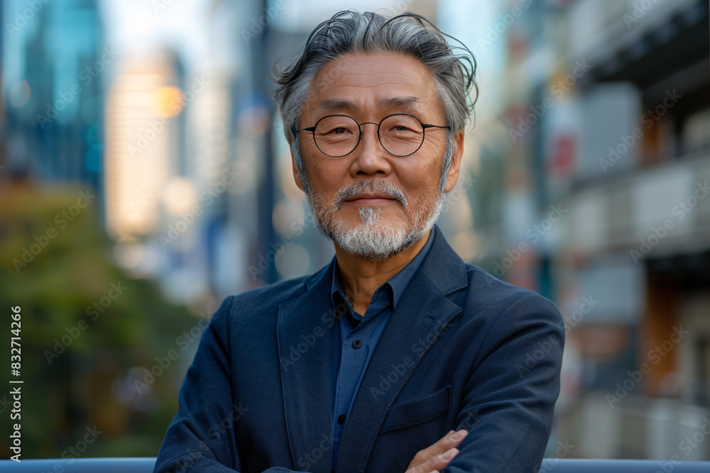 Mature Asian businessman with grey hair and beard, confidently smiling with folded arms in a modern urban environment, symbolizing professional success and corporate achievement Mature Asian businessman with grey hair and beard, confidently smiling with folded arms in a modern urban environment, symbolizing professional success and corporate achievement