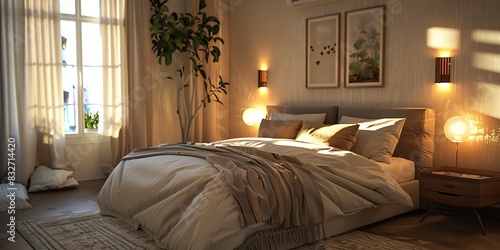 Bright and airy bedroom design in an apartment with a kingsize bed, soft linens, and warm lighting