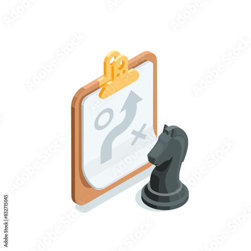 isometric chess horse, in color on white background, business strategy or plan