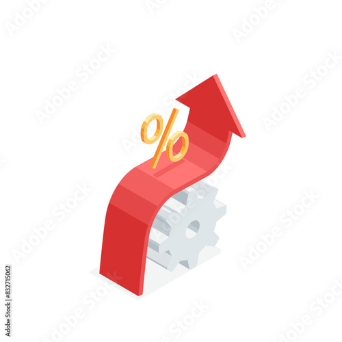 isometric vector arrow up over gear with percent icon, in color on white background, financial growth or rising income