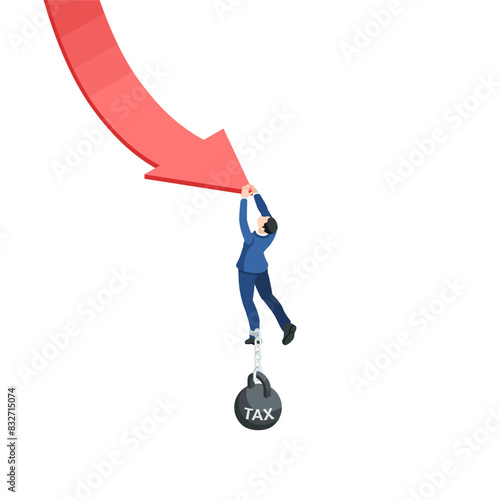 isometric vector business man with a chained weight on his leg hanging over an abyss clinging to a descending arrow, in color on a white background, tax as a heavy load