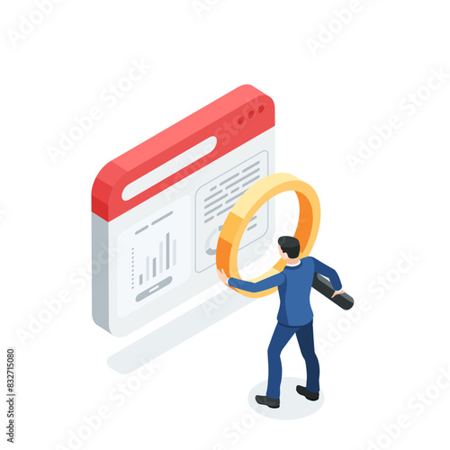isometric vector business man with a magnifying glass looking at data in an open tab of a computer window, in color on a white background, searching or studying data