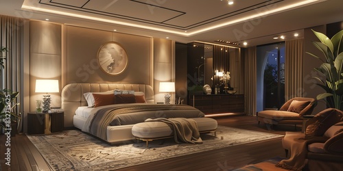 Chic master bedroom with a kingsize bed, stylish decor, and soft lighting