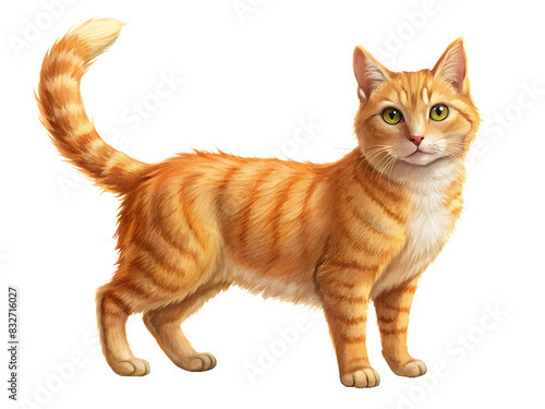  font side view ginger cat is standing white background. AI GENERATED