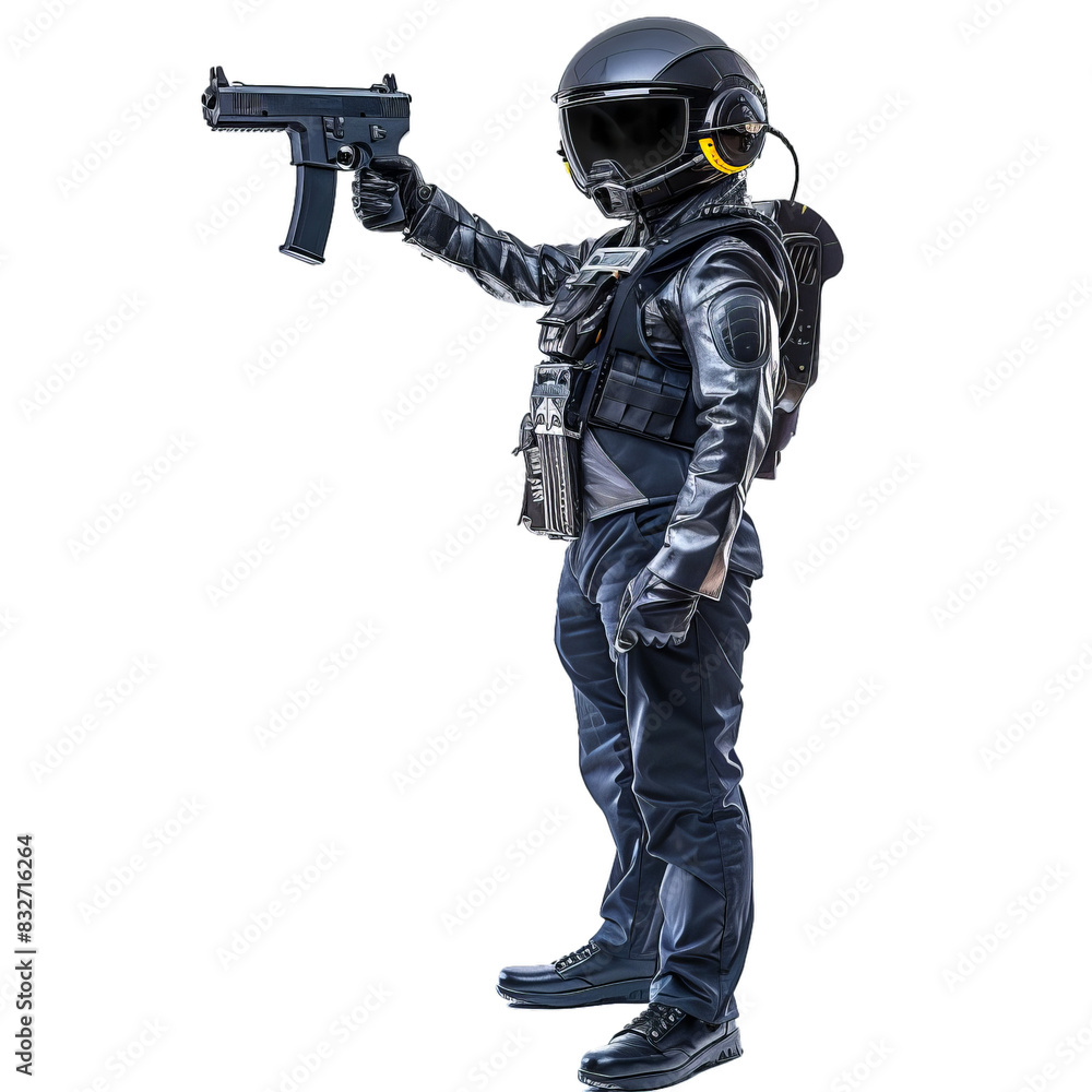 Digital illustration of a modern soldier in tactical gear and helmet holding a pistol, isolated on a transparent background Digital illustration of a modern soldier in tactical gear and helmet holding a pistol, isolated on a transparent background