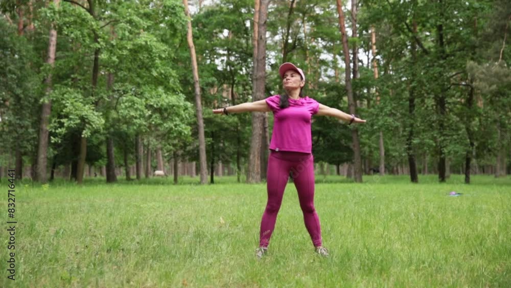Happy mature woman in pink workout gear exercising in a park, embodying a positive and healthy lifestyle. High quality FullHD footage Happy mature woman in pink workout gear exercising in a park, embodying a positive and healthy lifestyle. High quality FullHD footage