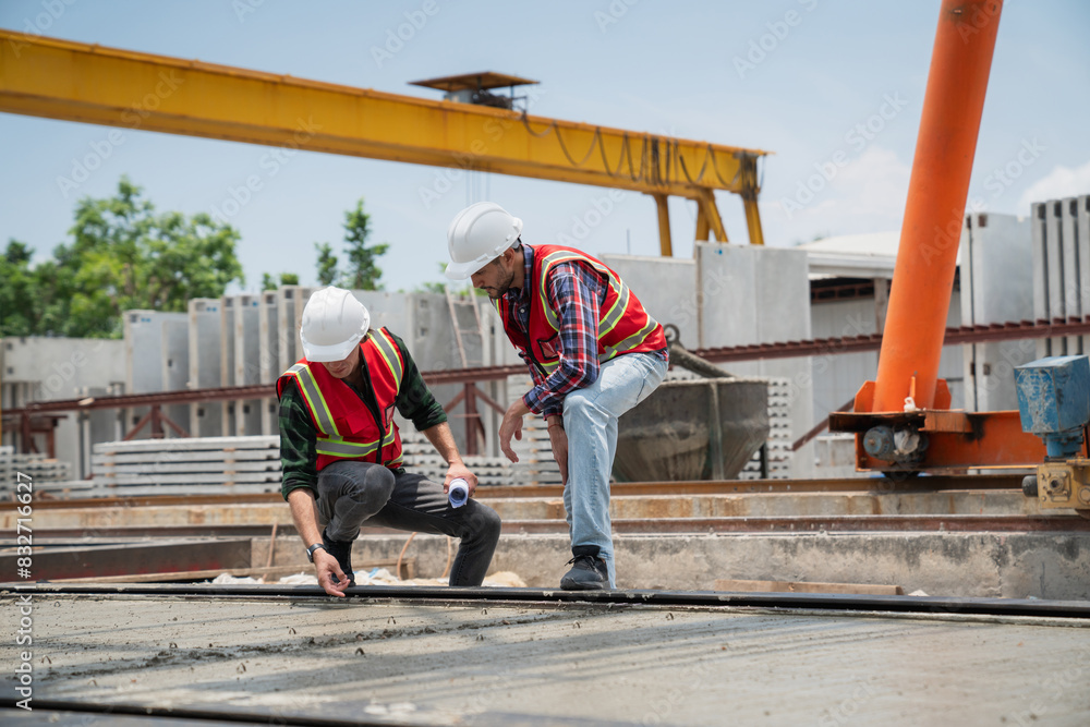 Engineer or architect with a hardhat examines the schedule on a set of plans. Two businessmen, both engineers, at the construction site. Engineer or architect with a hardhat examines the schedule on a set of plans. Two businessmen, both engineers, at the construction site.