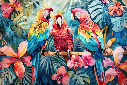 Beautiful seamless floral summer pattern background with parrot, palm leaves, plumeria. Perfect for wallpapers, web page backgrounds. AI generated illustration