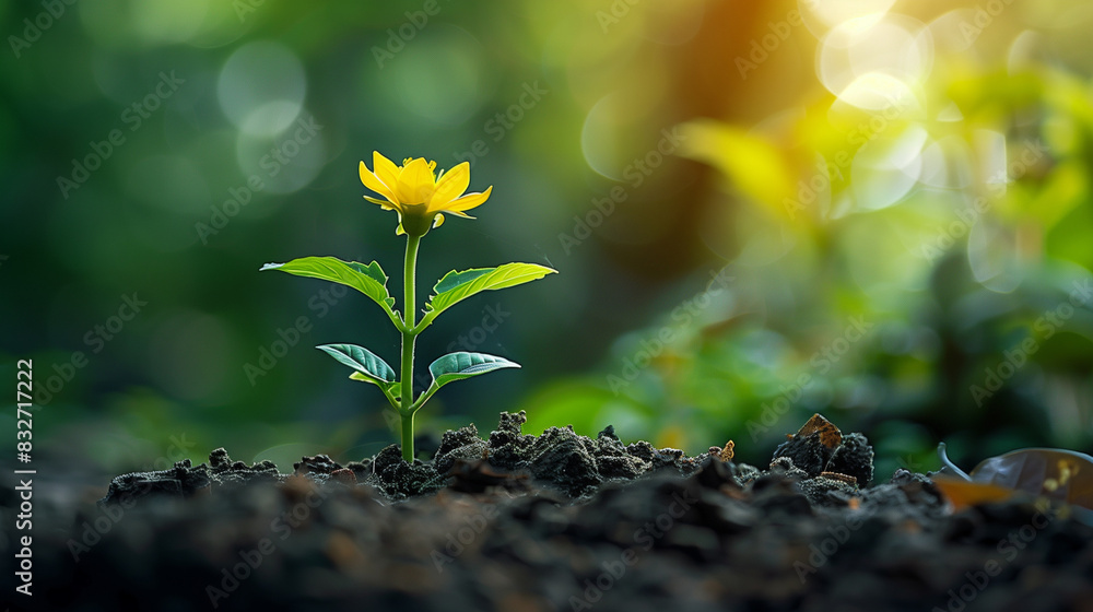 Young plant emerging from soil with sunlight. Young plant emerging from soil with sunlight.