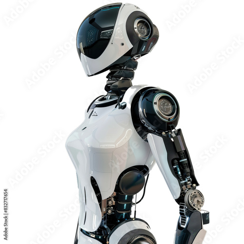 Hightech humanoid robot with a sleek design, isolated on a transparent checkered background