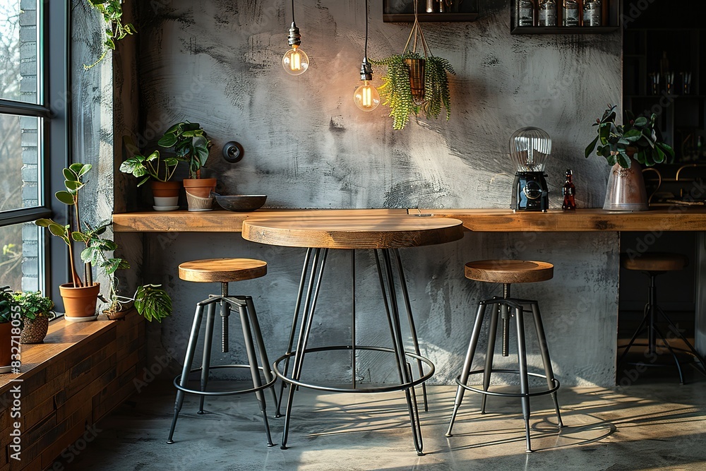 A modern kitchen with a wooden table and three stools A modern kitchen with a wooden table and three stools