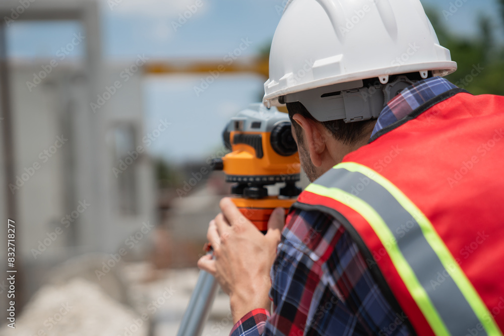 Civil or construction engineer using a survey camera, or an engineer with an auto level camera. Civil or construction engineer using a survey camera, or an engineer with an auto level camera.