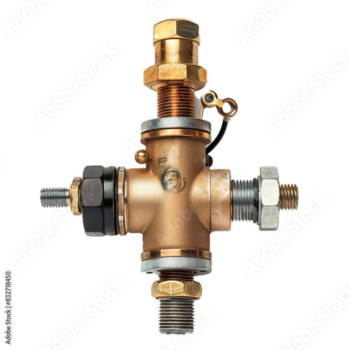 Closeup view of a brass safety relief valve with bolts, isolated on a gray textured backdrop