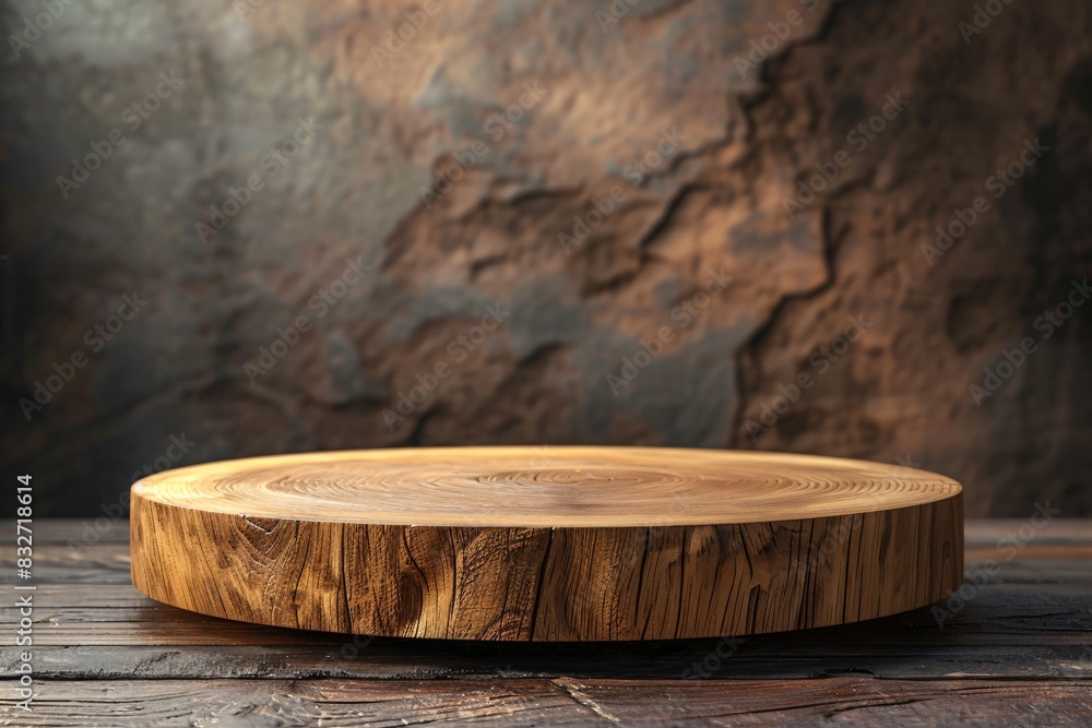 Wooden plate on table, stone wall background Wooden plate on table, stone wall background