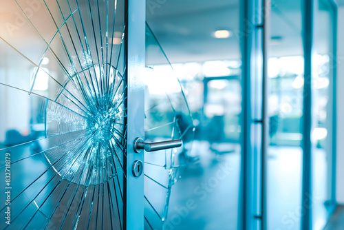Shattered glass door in modern office building,representing vandalism or accident concept,clear panoramic window with door handle,ideal for security reports,incident documentation,facility maintenance